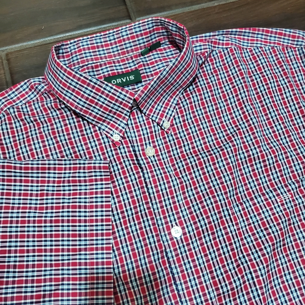 Orvis Button Down Shirt Mens XXL Active Fit Plaid Short Sleeve Blue Red Check